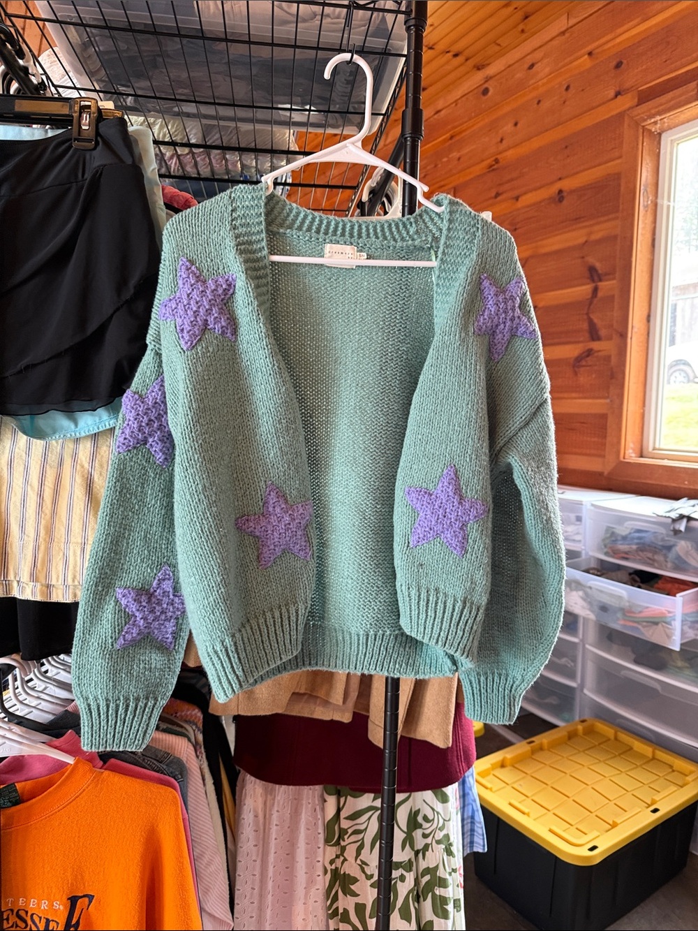 Mint Green Star Appliqué Open-Front Knit Cardigan